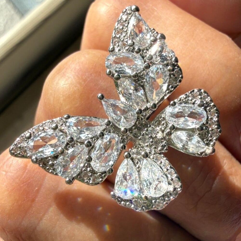 NEW Oversized Crystal Butterfly Statement Ring - Adjustable - Silver Tone